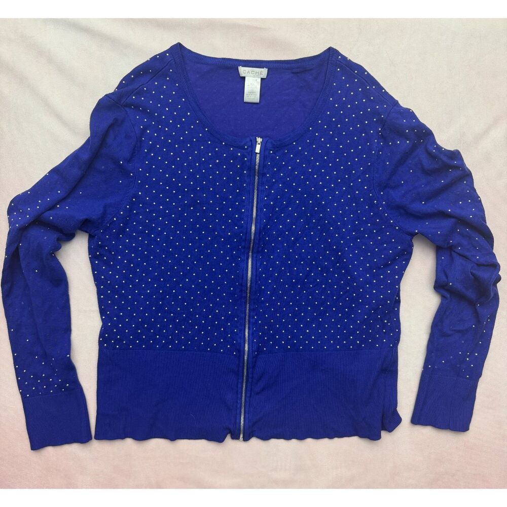 Cache Women's XL Royal Blue Rhinestone Studded Zip Front Cardigan Sweater